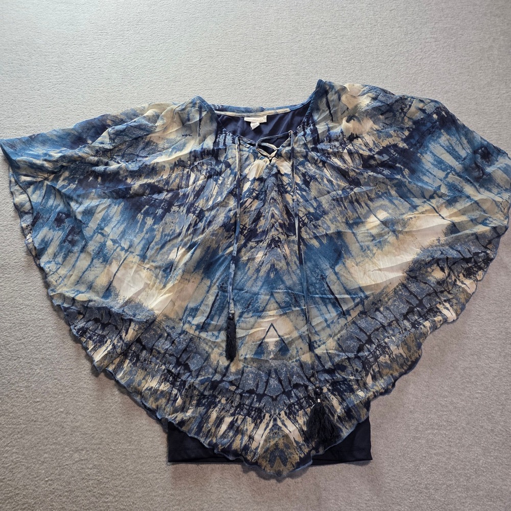 Westport 1962 Sheer Poncho Top Womens XL Blue Cape Overlay Boho Abstract Blouse